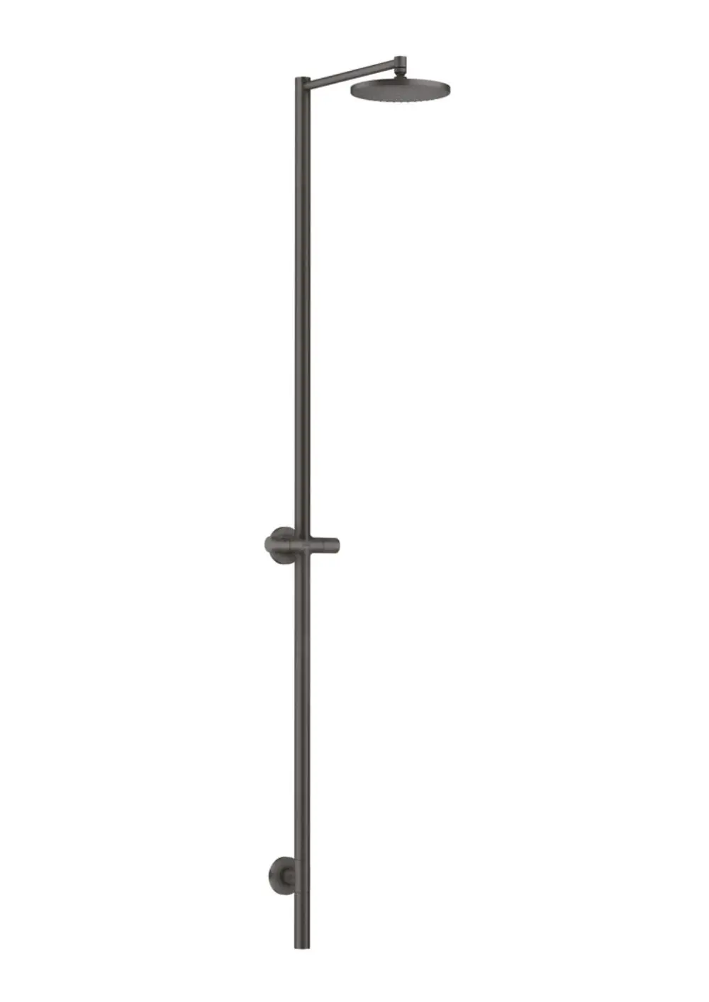 Duschsäule mit Kopfbrause in Brushed Black Chrome, montiert an einer Wand, hergestellt von AXOR. Einfache, senkrechte Gestaltung ohne Handbrause.